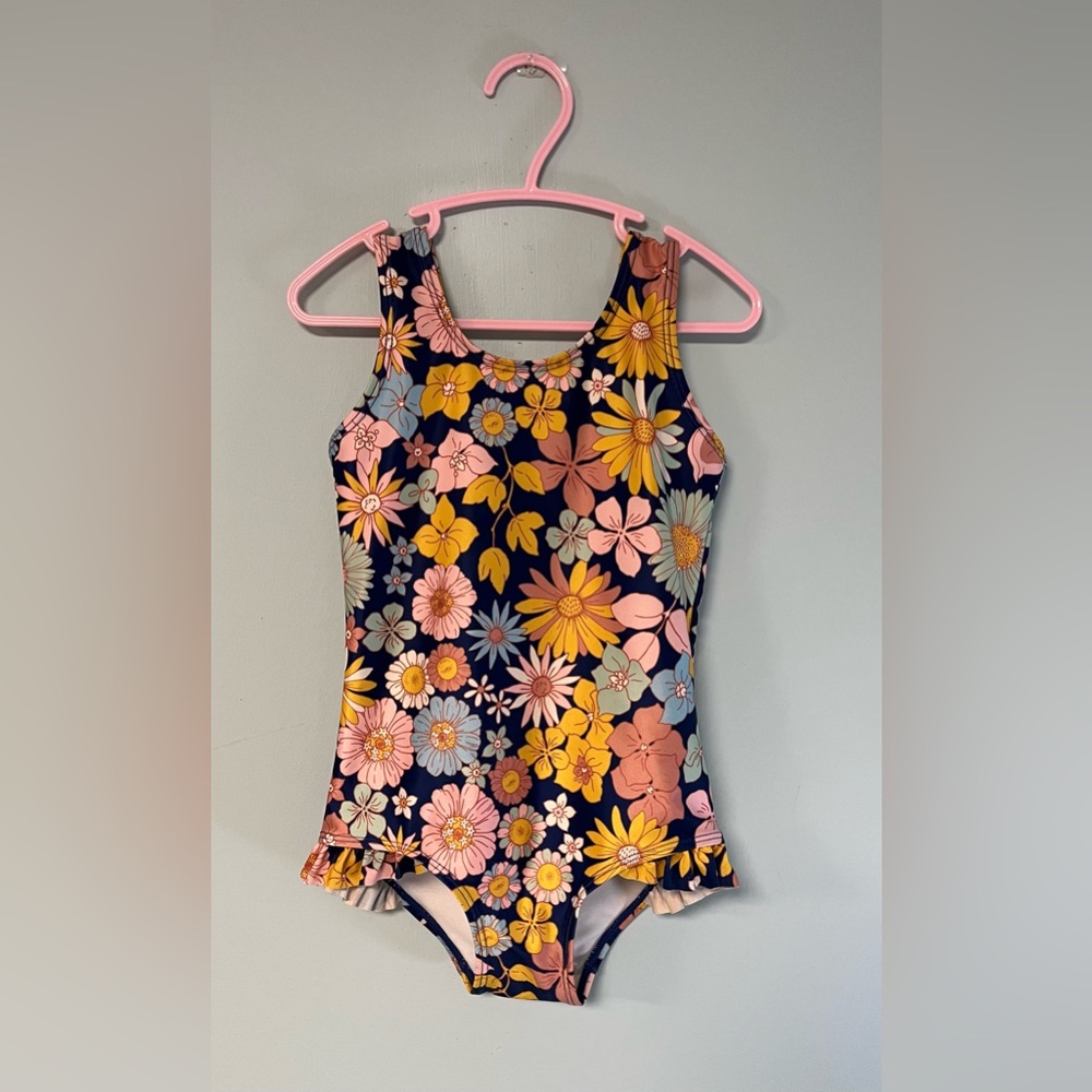 H&M Girl One Piece Navy Swimsuit with Floral Print, Girl Size 4-6, Girl Swimsuit